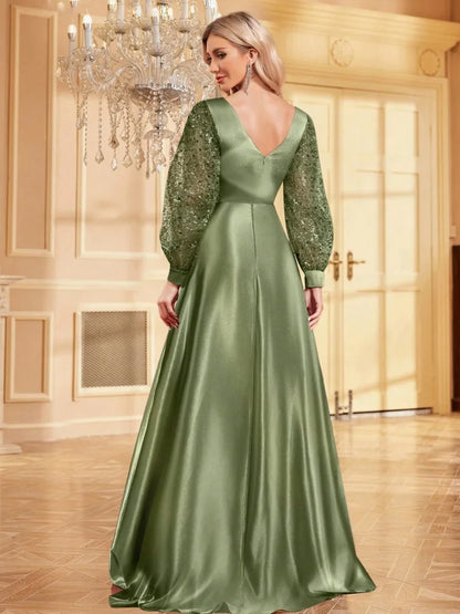 Luxury Blue V-Neck Sequin Evening Dress 2024 Elegant Women Party Maxi Dress Long Sleeve Cocktail Dress Prom Gown