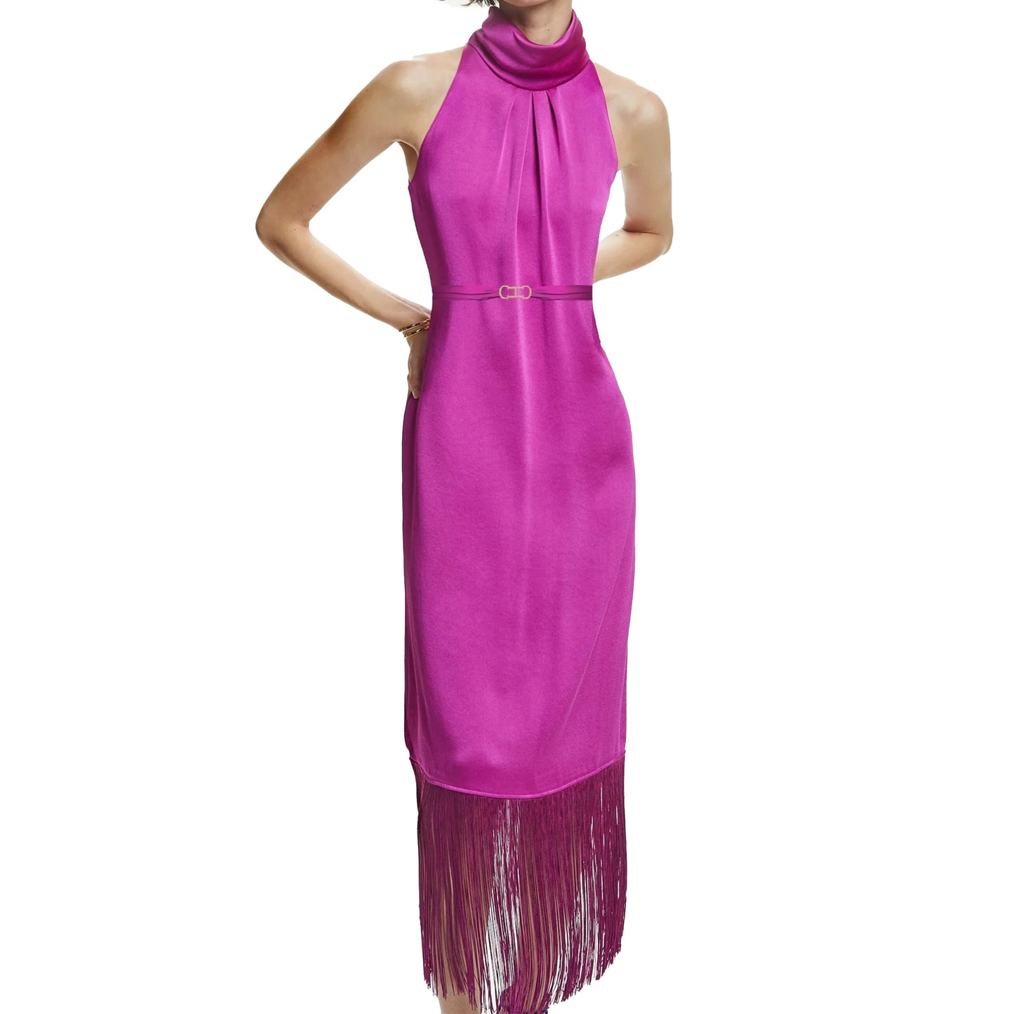 New Women Party Dress Hanging Neck Style Dress High Collar Sleeveless Fringe Skirt Hem Belt Evening Dresse