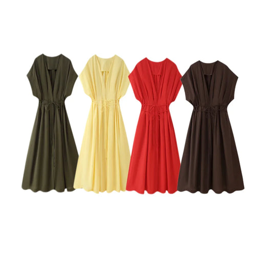 Spring Summer Vintage Women Dress Fashion Single Breasted Sashes Draped V Neck Sleeveless Chic Brown Ladies Dresses