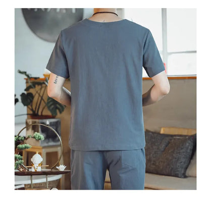 (Shirt + trousers) 2025 summer Chinese Style men shirt Cotton and linen shirts men's High quality casual shirts Two Piece M-5XL