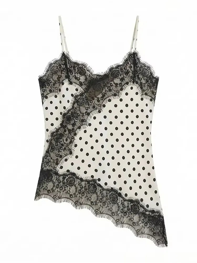 Women Elegant Polka Dot Lace Slip Tops Asymmetrical Hem Tanks Camis Summer Lady Sexy Lace Splicing Club Party Tops Camisole