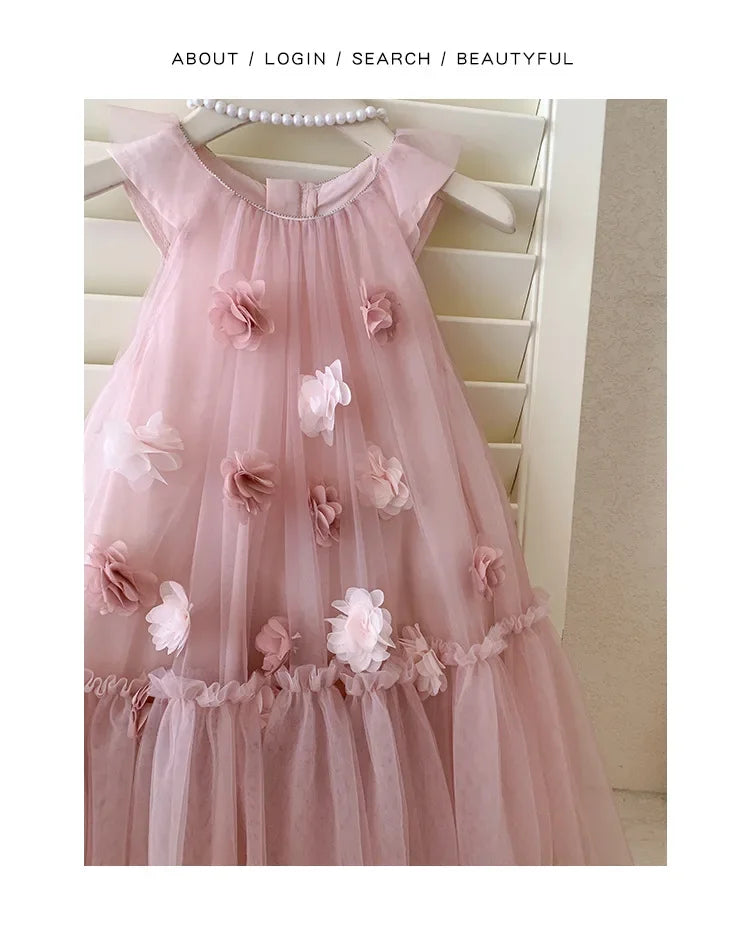 Girls' Sleeveless Floral Mesh Dress - Princess Party Gown for Toddlers 2-8 Years, Breathable Wedding & Special Occasion Dress