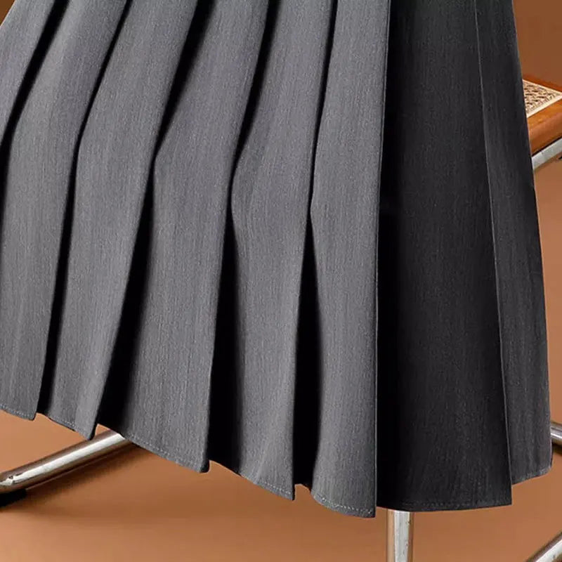Gray Solid Folds Office Lady Casual High Waist A-line Loose Women's Skirt Mid-Calf Long Skirts For Women Clothing Fashion 2024