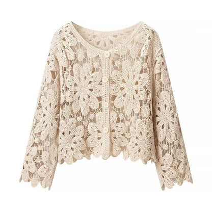 Long Sleeve Crochet Knit Top Beach Bikini Cover Up Button-up Cardigan Blouse Women blusas para mujer Vacation Boho Outfit