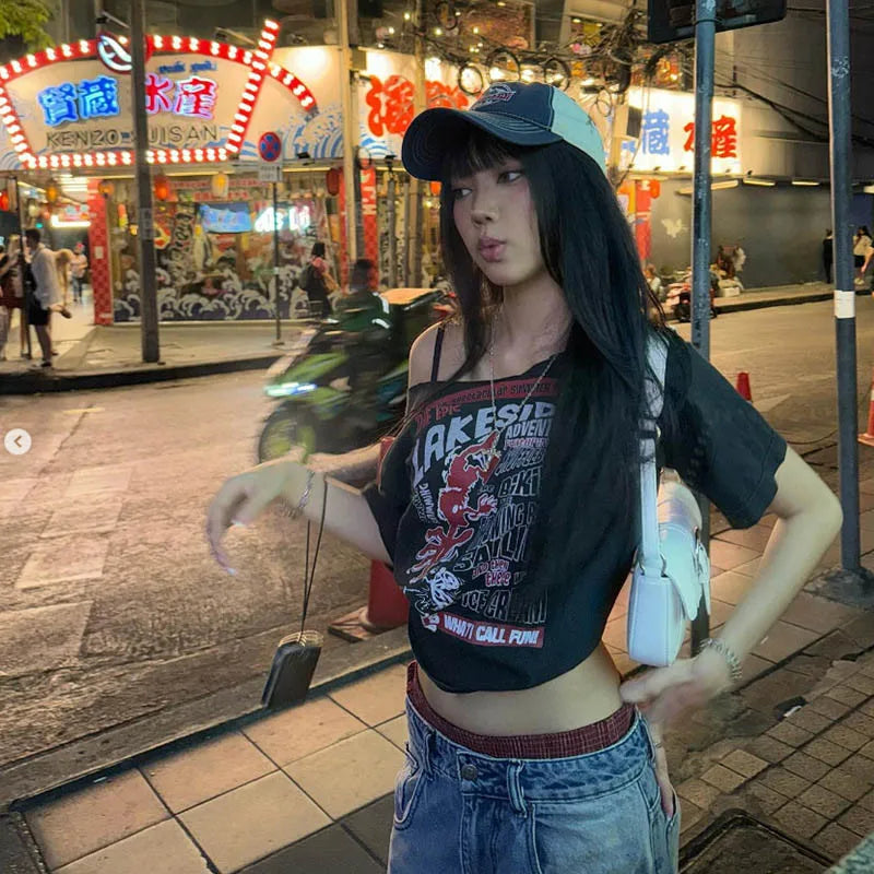 Tee Y2k Letter Print Off Shoulder Punk T-shirts Women Harajuku Summer Streetwear Grunge T Shirt Aesthetic Sexy Crop Tops