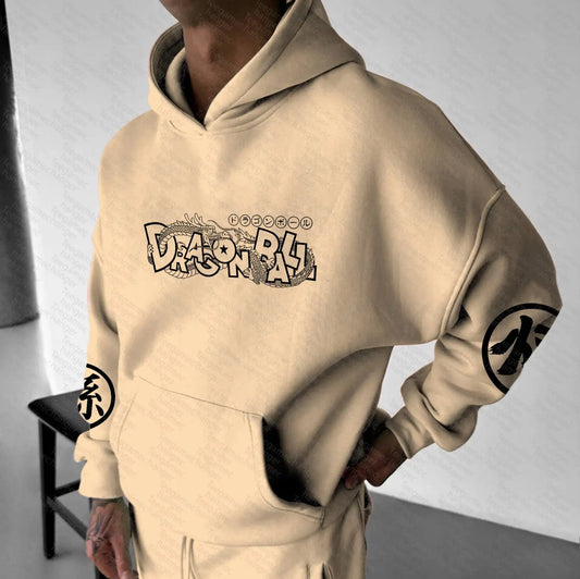Khaki Hoodie Men Women Anime Character Print Pullover with Japanese Kanji Sleeve Design and Chest Logo Casual