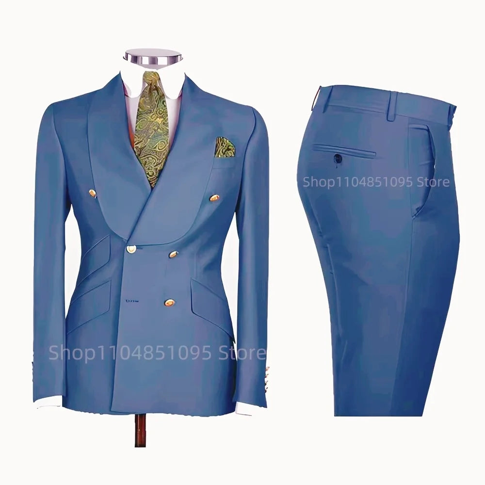 2 PCS Men's Smart Casual Solid Formal Tuxedo Suits with Shawl Lapel Double Breasted Jacket And Pants for Business And Wedding