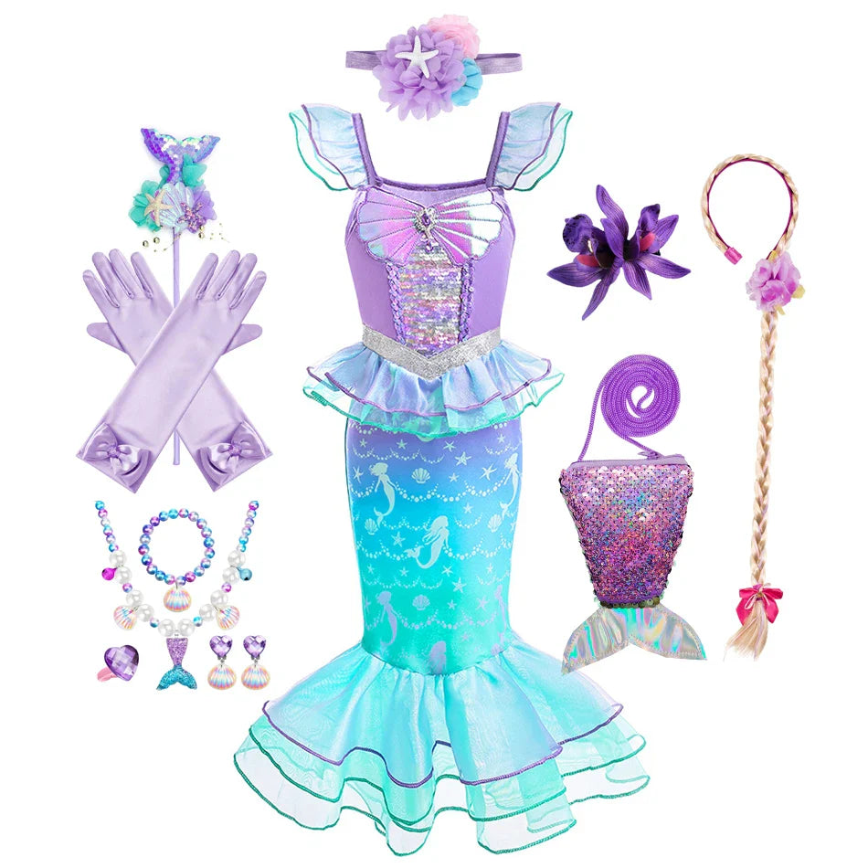Ariel Cosplay Princess Costume Kids Cartoon Printed Dress Girls Halloween Children Carnival Birthday Party Clothes