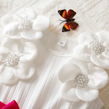 Vestido de Aniversário Infantil Menina Sem Mangas Elegante Flor 3D Tule Princesa Vestido de Verão 3-7 Anos Malha Doce Roupa Presente de Aniversário