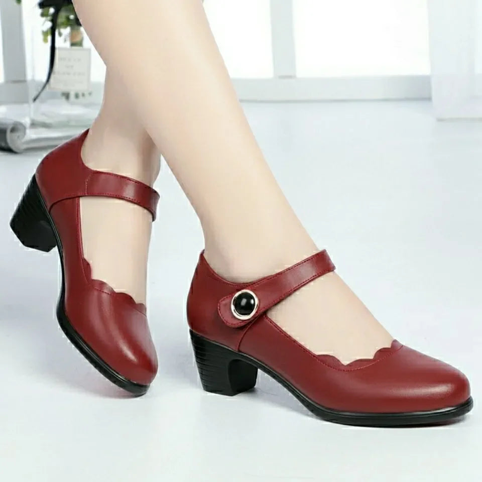women fashion round toe buckle strap patent leather office high heel shoes lady classic wine red shoes  ba05