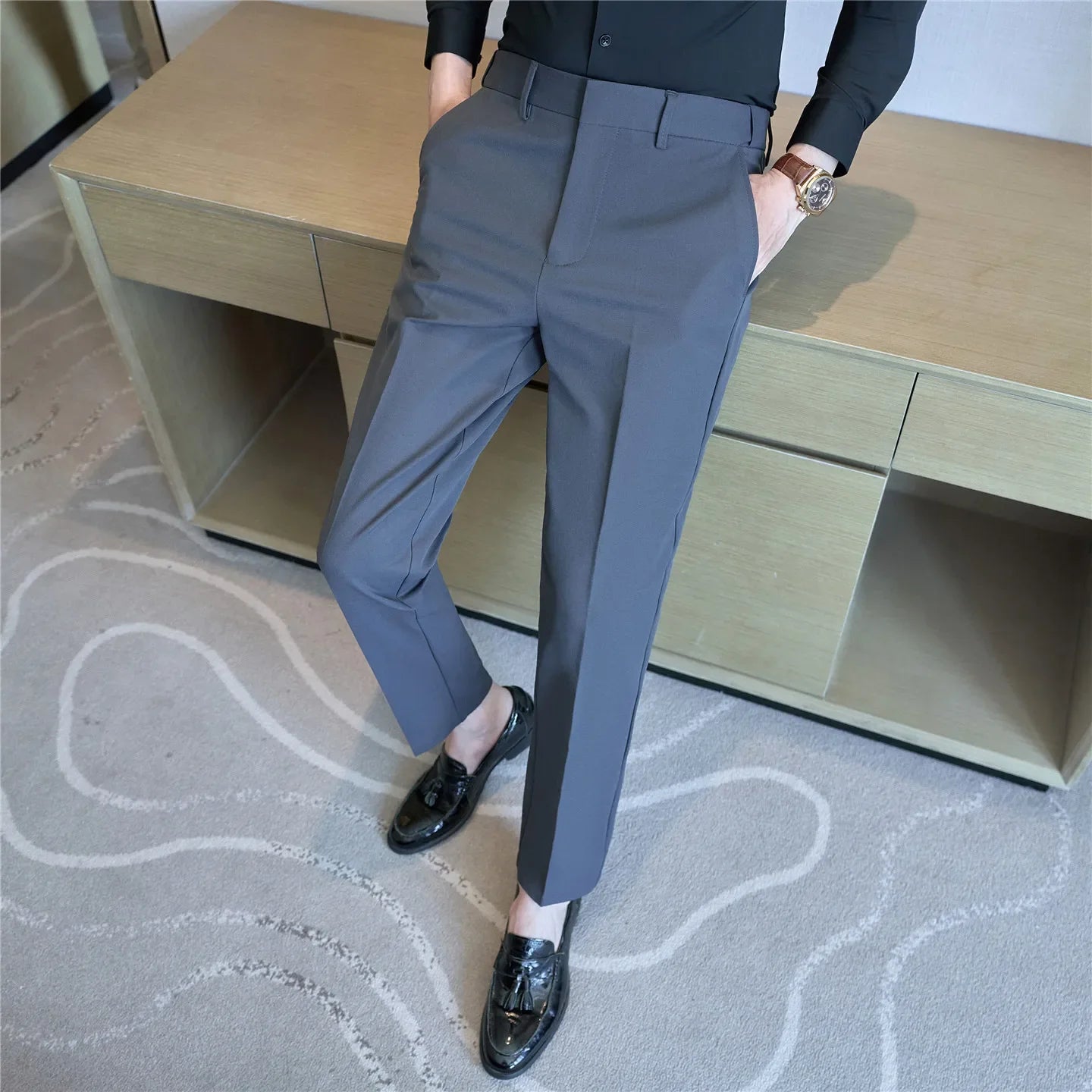 Spring Autumn Suit Pants Men Solid Color Fashion Slim Fit Smart Casual Suit Trousers Mens Elastic Waist Korean Full Length Pants