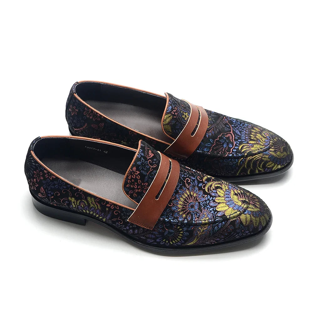European Classic Men's Wedding Dress Shoes Soft Suede Leather with Flower Pattern Penny Loafers Banquet Party Formal Shoes Man