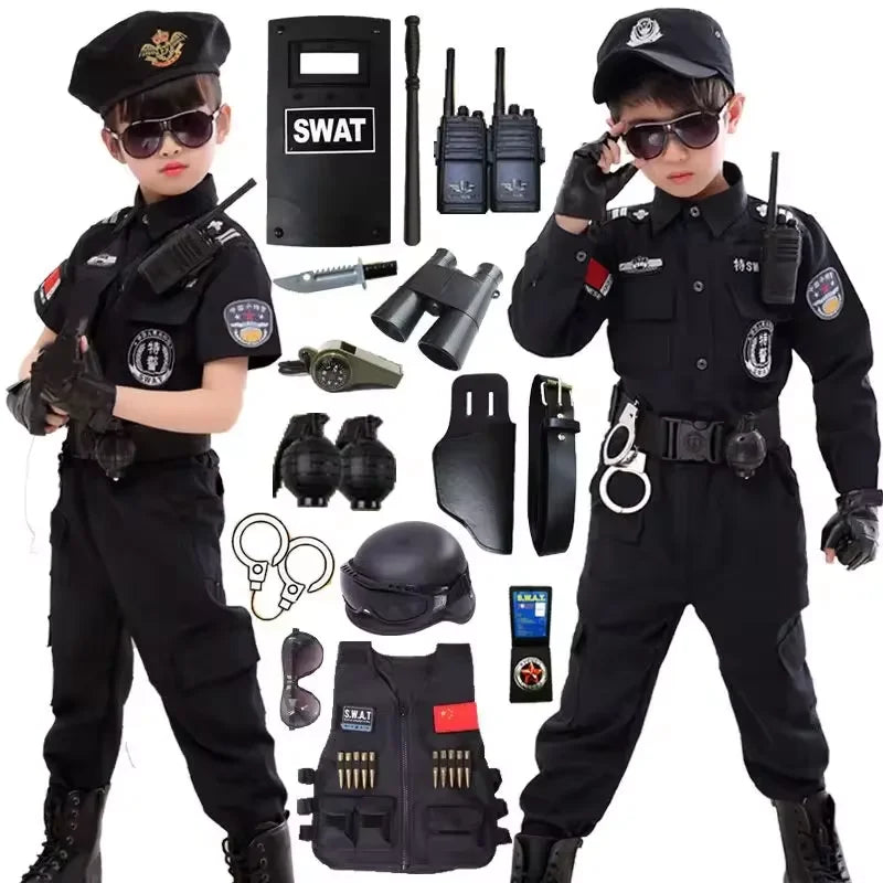 Children Halloween Policeman Cosplay Costumes Kids Carnival Police Uniform 110-160cm Boys Army Policemen Soldier 7 Pcs/Sets