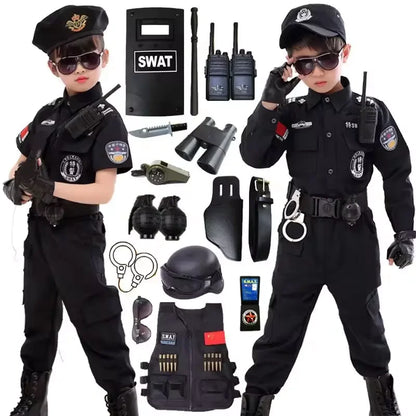 Children Halloween Policeman Cosplay Costumes Kids Carnival Police Uniform 110-160cm Boys Army Policemen Soldier 7 Pcs/Sets