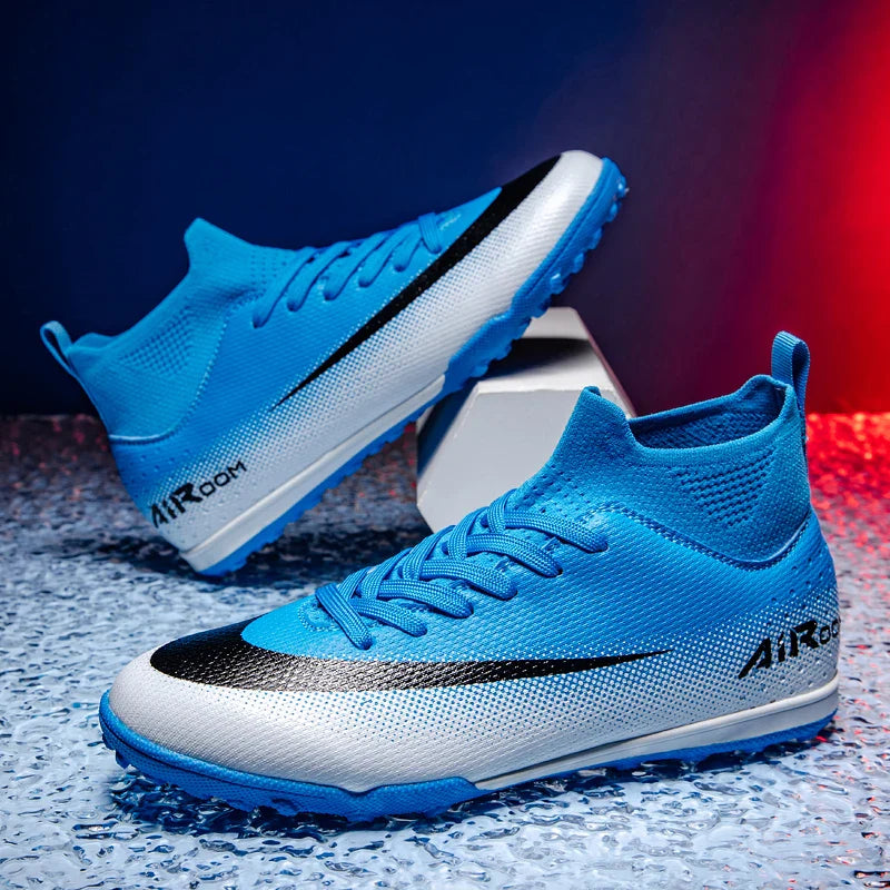 High Top Leather TF Turf Soccer Cleats, Anti-Slip for Grass Training, Men Women Youth Student World Cup Style