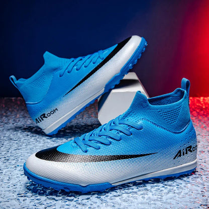 High Top Leather TF Turf Soccer Cleats, Anti-Slip for Grass Training, Men Women Youth Student World Cup Style