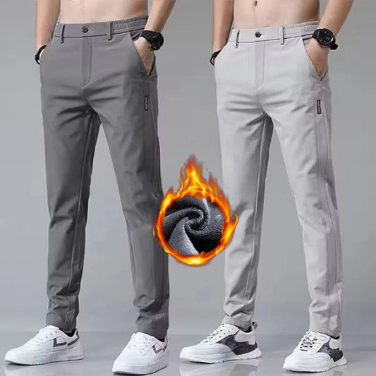 Korean Men's Warm Golf Pants Slim Straight Winter Thick Fleece Casual Pants Business Fashion Stretch Thermal Trousers Male