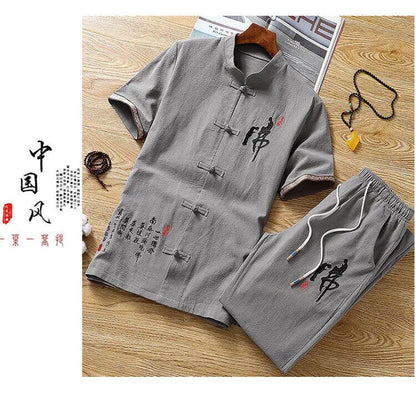 Summer Chinese style Shirts + Pants Dragon Embroried 100% Cotton linen Sportswear Men's Casual Sets Male Fashion Chinese style