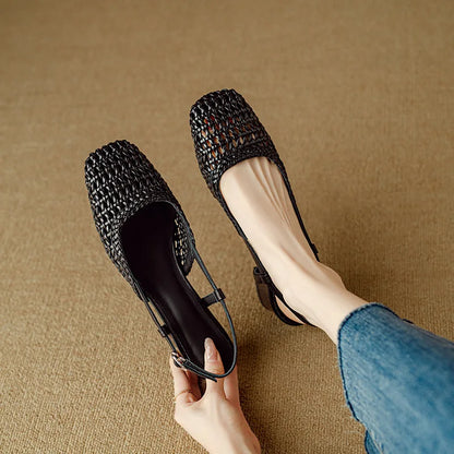 French square-toed woven high-heeled sandals, 2025 summer new skeletonized fashionable leather fabric mid-heel women's shoes