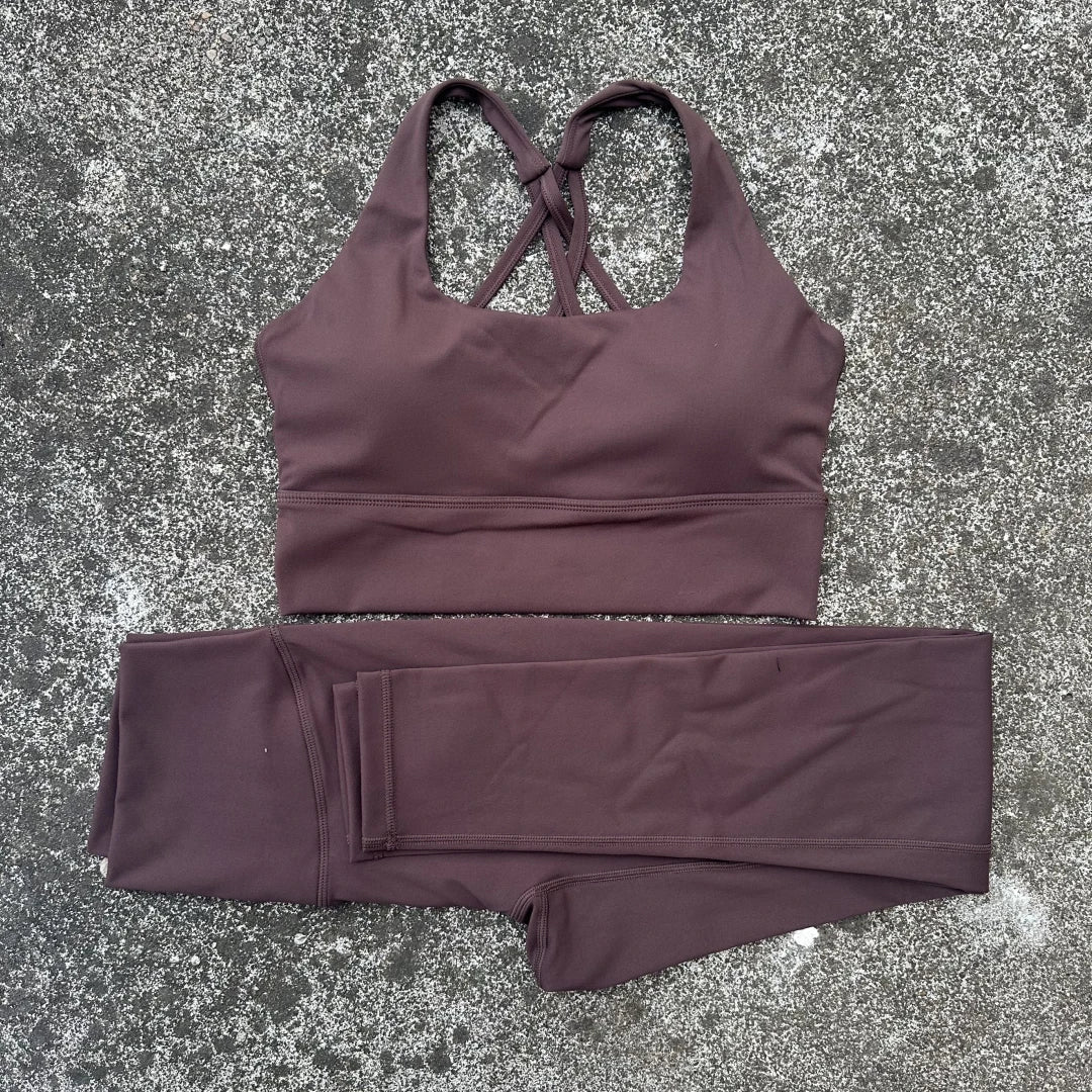 Solid Color Women Gym Yoga Set Shoulder Strap Cross Back Push Up Sport Bra High Waist Yoga Leggings 2pc Sportwear Workout Wear