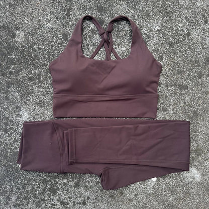 Solid Color Women Gym Yoga Set Shoulder Strap Cross Back Push Up Sport Bra High Waist Yoga Leggings 2pc Sportwear Workout Wear