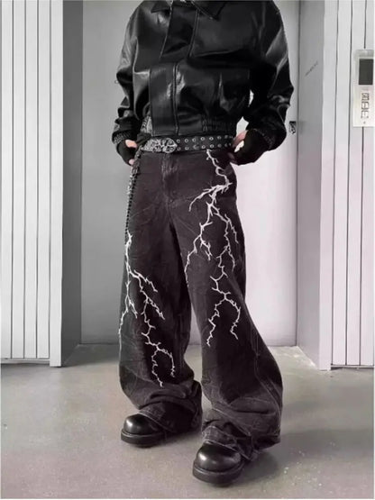 American High Street Y2K Style Thorn Lightning Embroidery Wide-Leg Jeans for Men, Niche Hip-Hop Loose Straight-Leg Flared Pants