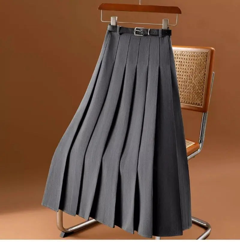 Gray Solid Folds Office Lady Casual High Waist A-line Loose Women's Skirt Mid-Calf Long Skirts For Women Clothing Fashion 2024