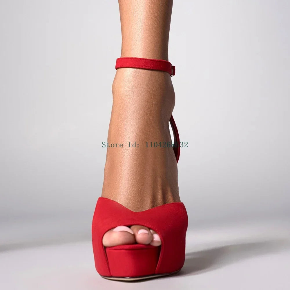Red Patent Leather Platform High Heels  Stiletto Ankle Buckle Strap Solid New Arrivals Fashion Slingback Buckle Strap Shoes