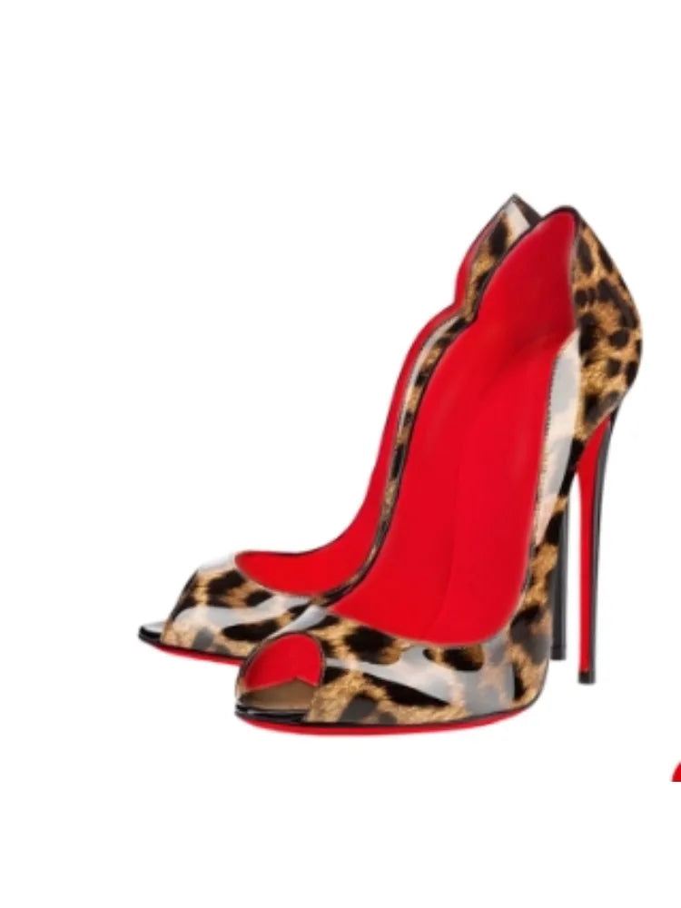 leopard print fish mouth patent leather high heels for women slim heels with pointed toes shallow mouth party shoes big size12cm