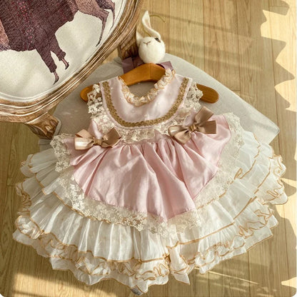Dress Summer New Bow Lace Cake Princess Dress Birthday Banquet Wedding Flower Girl Performance Clothing