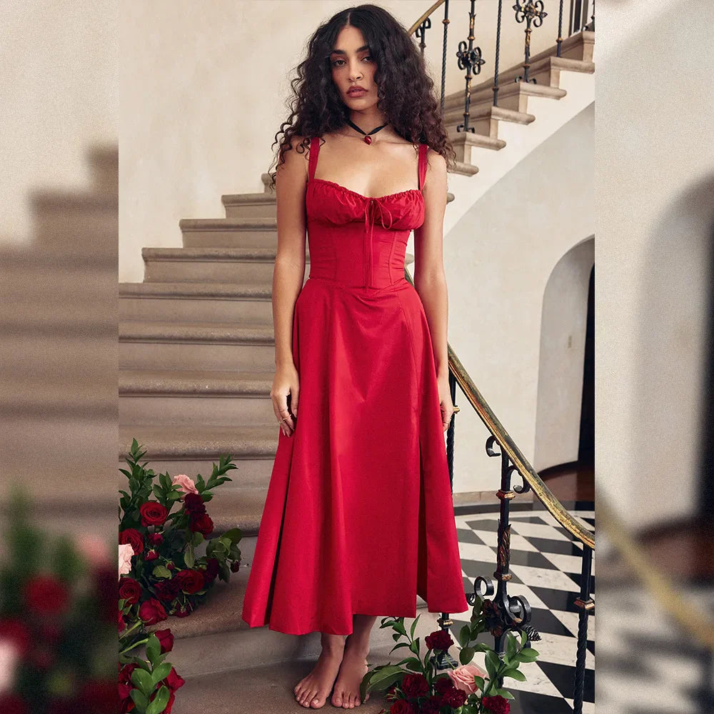 Women's Summer Floral Print Dresses Sweet Elegant Midi Holiday Dress Casual Slit Blue Lace Up Dresses 2023