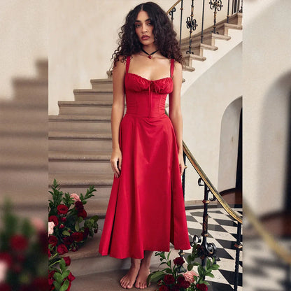 Women's Summer Floral Print Dresses Sweet Elegant Midi Holiday Dress Casual Slit Blue Lace Up Dresses 2023
