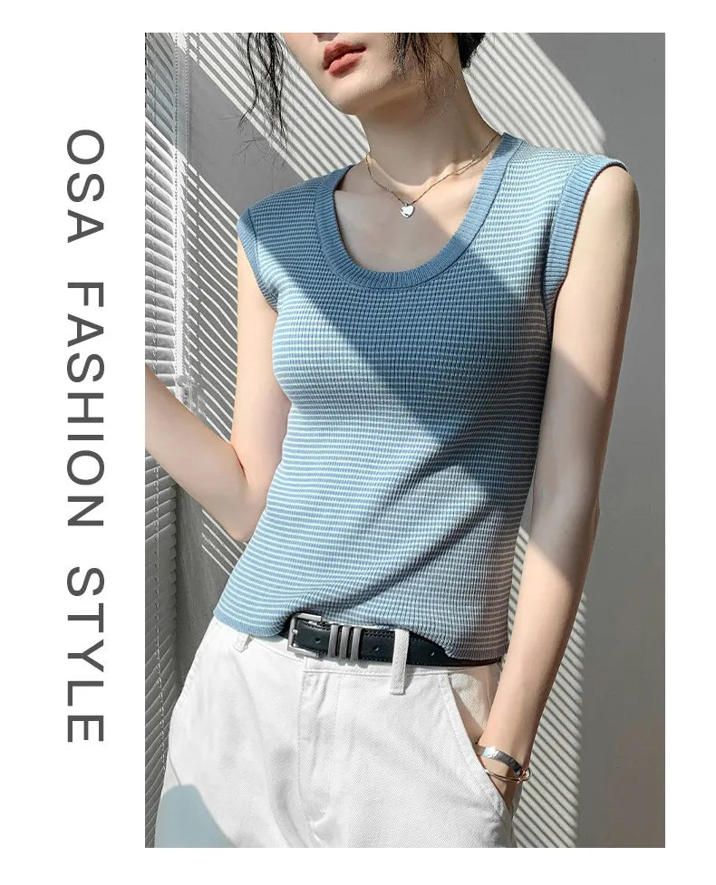 2026 Spring Summer O-Neck Striped Vest Top Simple Slim Fit Sleeveless Casual Versatile Women's Tank Top