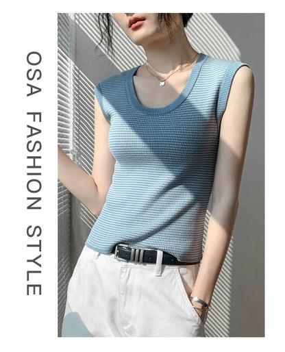 2026 Spring Summer O-Neck Striped Vest Top Simple Slim Fit Sleeveless Casual Versatile Women's Tank Top