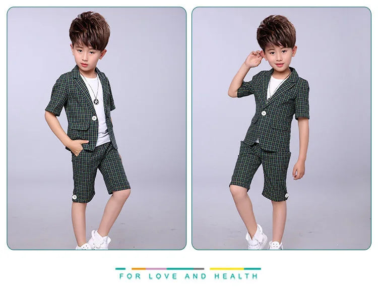 2022 Children Summer Formal Suit Boys Blazer+Shorts 2Pcs Photograph Set Kids Plaid Wedding Performance Dress Ceremony Costume