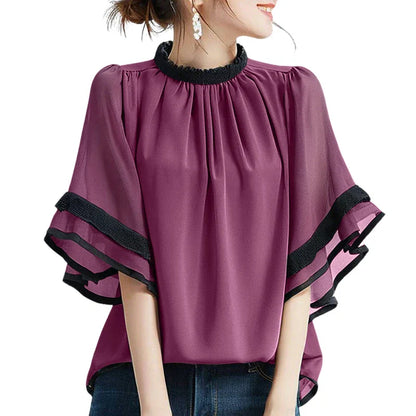 Fashion Summer Shirt O Neck Short Flare Sleeve Work Tops Tunic Loose Chemise Mujer