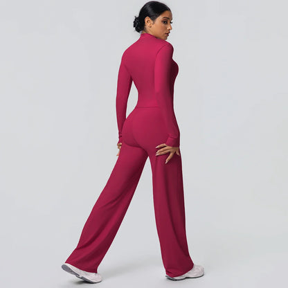 2pieces Quick Drying Sports Fitness Clothing Yoga Set Women Yoga Zipper Long Dleeves High Waisted Breathable Wide Leg Pants Set