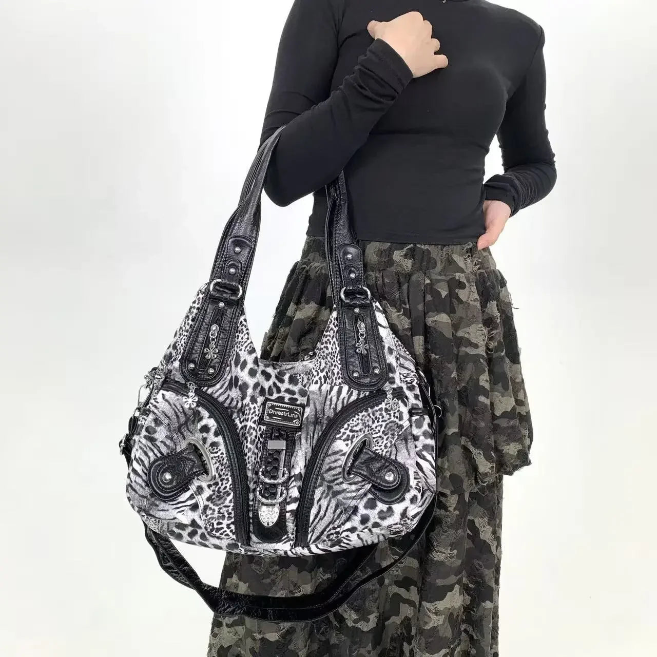 Y2K vintage hot girl personality leopard print shoulder bag with multiple compartments, Maillard crossbody handbag