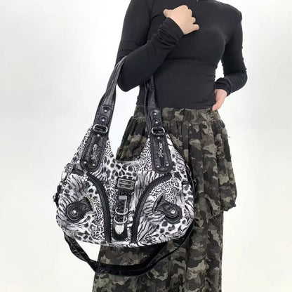 Y2K vintage hot girl personality leopard print shoulder bag with multiple compartments, Maillard crossbody handbag