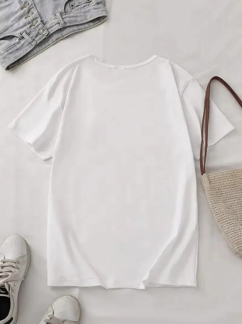 Men's T-shirt White round-neck short-sleeved t-shirt with blue and black pattern print suitable for both casual and formal