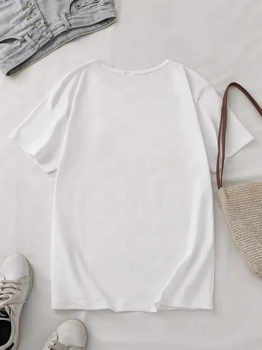 Men's T-shirt White round-neck short-sleeved t-shirt with blue and black pattern print suitable for both casual and formal