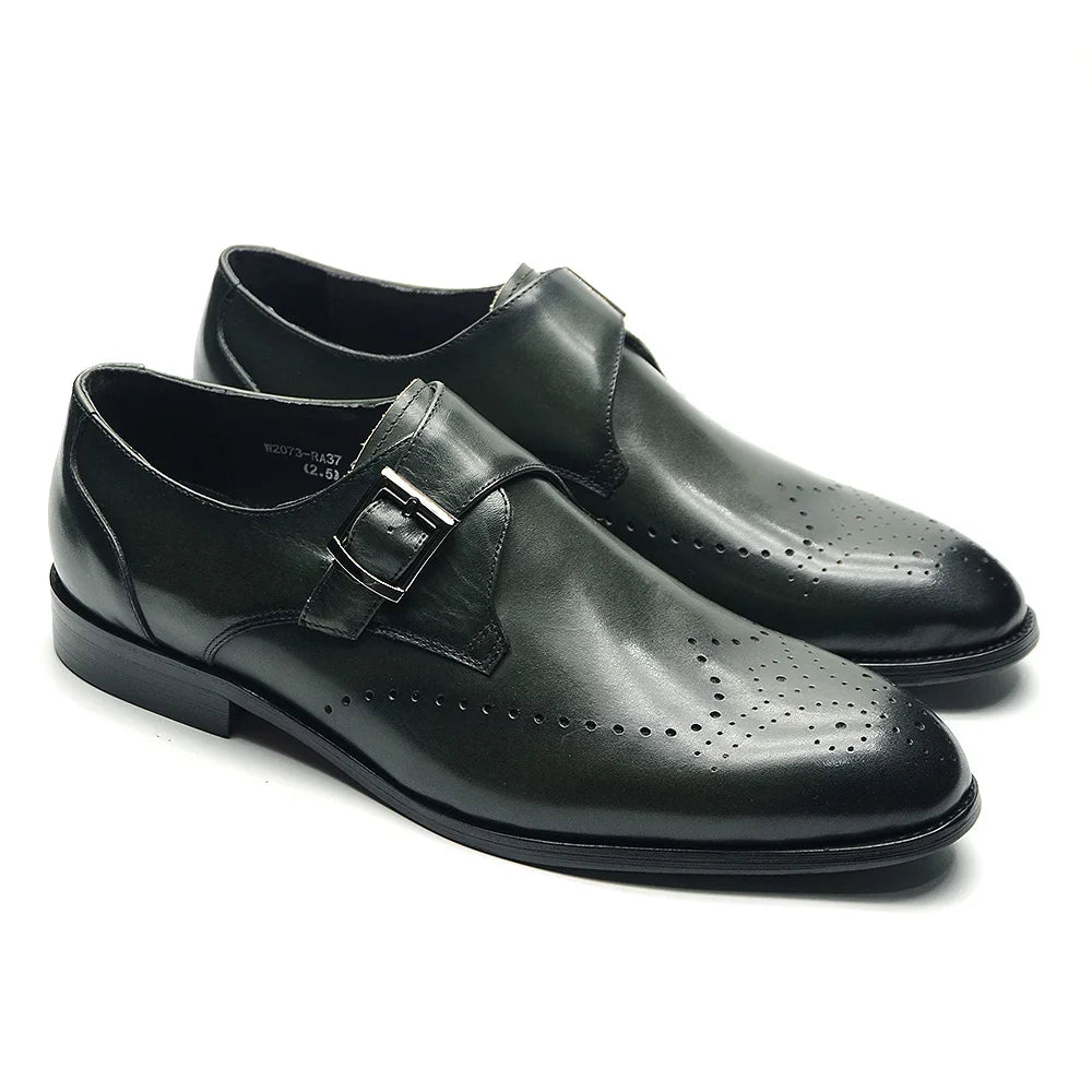 Elegant Men's Monk Strap Dress Shoes Genuine Leather Single Buckle Green Black Loafer Brogue for Party Wedding Formal Occasions
