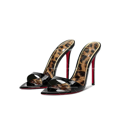 2025 New Leopard Pattern Pointed High Heels for Women, Ultra fine Heels, Slippers with Bare Toes, Half Dragged, Simple Sandals