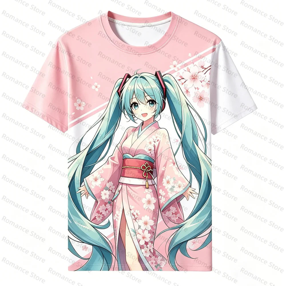 Hat sune miku 2Pcs Set Anime T-shirt Shorts Summer Casual Streetwear Sakura Loose Outfit For Men Women t-shirt Cosplay Kids Set