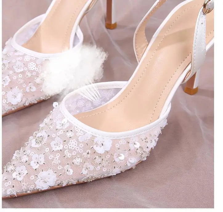 Size 34-42 2025 Summer Beaded High Heel Wedding Shoes Women Lace Mesh Party Dress Shoes