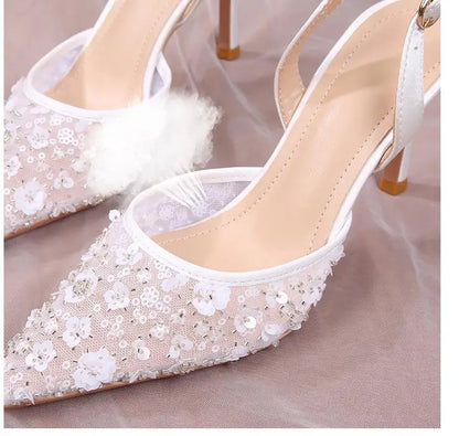 Size 34-42 2025 Summer Beaded High Heel Wedding Shoes Women Lace Mesh Party Dress Shoes