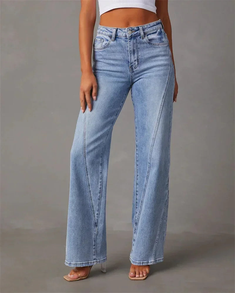Women Mid Waist Loose Micro Flared Denim Pants