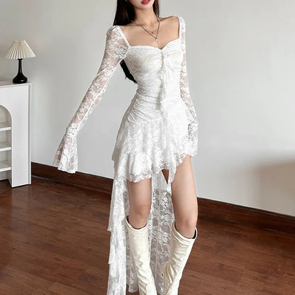 Lace Flare Sleeve Square Neck A-line Dress Sweet E-girl Irregular Long Hem Dresses Cyber Y2K Party Vestido