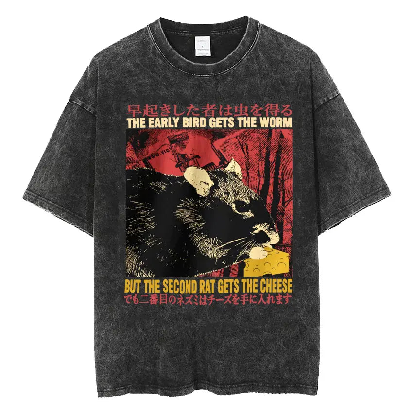 Amare Box No Thoughts Head Empty Japanese T-shirt Funny Capybara Vintage Washed T Shirt Men Women Casual Loose Short Sleeve Tees