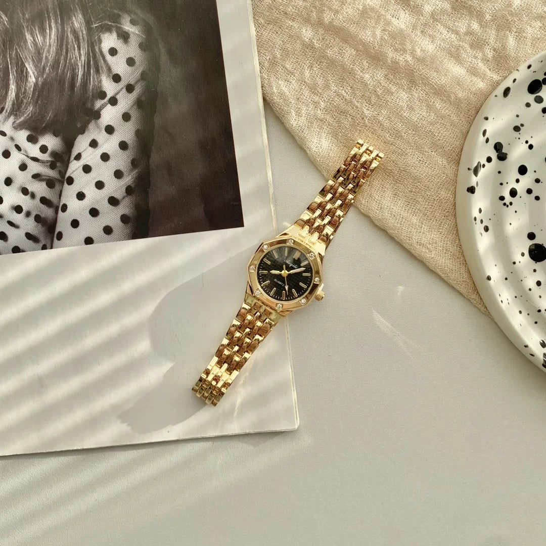 Women's Fashion Round Room Gold Steel Band Quartz Wristwatch Luxury Ladies Golden Watch for Women Clock Female Reloj